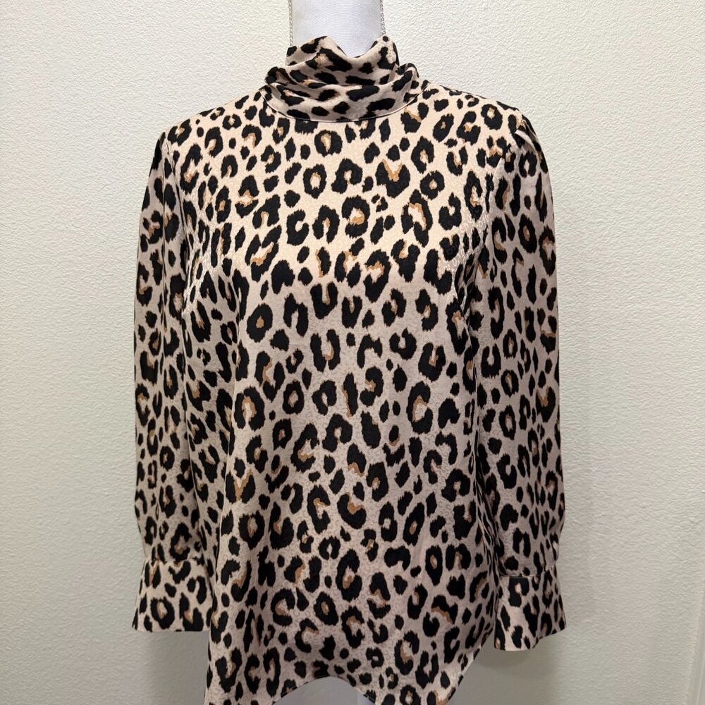 Ann Taylor petites pull over leopard print blouse, mock neck, back bow tie, MP